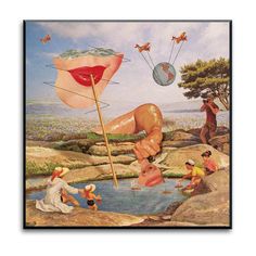 a painting with people flying kites over rocks and water in the foreground, one person holding a pole