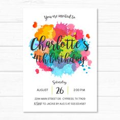 a colorful birthday party card with the words charlotte's 3rd birthday printed on it