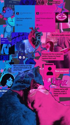 a collage of pink and blue images with words written on them, including an image of a woman's face