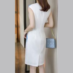 White Blue Elegant Midi Dress (Semi-Formal) White V-neck Midi Dress For Formal Occasions, Knee-length Summer Dresses For Office Wear, Knee-length Summer Dress For Office, Summer Knee-length Dresses For Office Wear, Feminine Sleeveless Midi Dress For Formal Occasions, Feminine Midi-length Sleeveless Dress For Formal Occasions, White Midi-length Bodycon Evening Dress, White Midi-length Bodycon Dress For Evening, White Midi Length Bodycon Dress For Evening