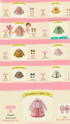 an info sheet showing the different types of clothing and accessories for children's dolls