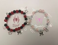 ⋆ ˚｡⋆୨୧˚ Handmade beaded jewelry ˚୨୧⋆｡˚⋆  Made in the US  ( o ∀ o )ﾉﾞ Spiderman Matching Bracelets, Miles Morales Bracelet, Matching Bestie Bracelets, Cute Couple Jewelry, Couple Bracelets Aesthetic, Braclets Diy, Miles Morales Gwen Stacy, Charms Aesthetic, Bff Cute