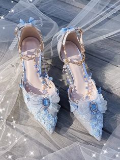 Bow at Top Rhinestones Butterfly Decorated 6.5CM/8.5CM Light Blue High Heels High Heels Butterfly Shoes, Princess Ball Shoes, Pink And Blue Heels, Light Blue Fashion Aesthetic, Butterfly Heels Aesthetic, Manhwa Heels, Debut Heels, Blue Heels Aesthetic, Blue Butterfly Heels