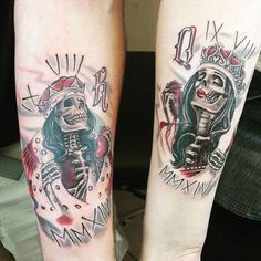 two people with tattoos on their legs and one has a skeleton holding a knife in his hand