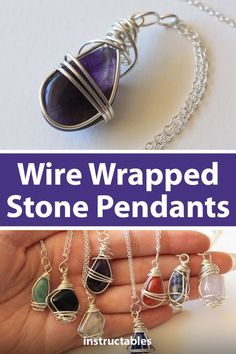 wire wrapped stone pendants in various colors and sizes on a white background with text overlay