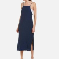 Brand: Onia Size: Xs Material: 100% Viscose Retail: $275.00 Color: Blue Shadow Blue Slip Dress With Straight Neckline For Spring, Blue Midi Dress With Straight Neckline For Date Night, Chic Blue Knee-length Slip Dress, Navy Midi Dress For Spring Evening, Chic Blue Midi Dress With Straight Neckline, Blue Silk Midi Dress For Date Night, Blue Midi Dress With Side Slits For Summer, Blue Midi Dress With Straight Neckline For Brunch, Blue Knee-length Slip Dress For Spring