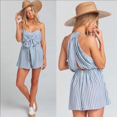 Blue White Striped Romper , Halter Style Top One Flaw The Top Button Loop At The Too Has Snapped Easy Fix Elastic Waistband Bow Tie Front Spaghetti Strap Sleeves New With Tags Measurements Size: L Bust(Armpit-Armpit): Per Request Waist: Length: *All Measurements Taken Flat! Questions And Concerns Are Welcomed ! Summer Overalls For Day Out, Blue Overall Beach Bottoms, Blue Overalls For The Beach, Blue Overalls For Beach, Summer Rompers Women, Striped Rompers, Show Me Your Mumu, Halter Style, Outfits Women