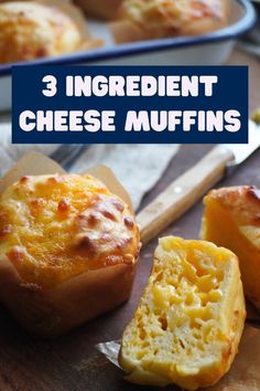 three different types of cheese muffins on a cutting board with text overlay