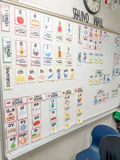 a white board with many different types of words on it and a clock mounted to the wall