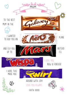 an info sheet with different types of chocolates and candy bars on it's side