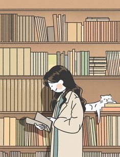 a woman standing in front of a book shelf filled with books