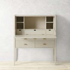 a white desk with two drawers and an open bookcase on it's side