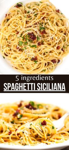 spaghetti with sauce and parmesan cheese is shown in three different pictures, including the top