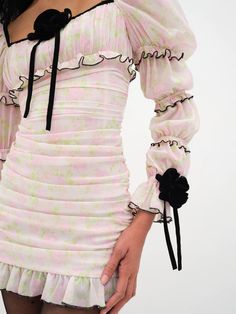 Vienna Mini Dress | For Love & Lemons Feminine Mini Dress For Spring, Spring Feminine Mini Dress, Cute Long Sleeve Mini Dress For Spring, Spring Party Bodycon Mini Dress, Pink Ruffled Mini Dress, Mini Dresses With Ruffles, Cute Mini Dress For Spring Dress Down, Elegant Pink Mini Hem Dress, Pink Ruffled Mini Dress With Mini Hem