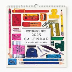 a calendar with various school supplies on it