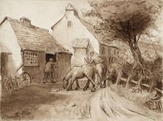 an old drawing of two men on horses in front of a farm house and barn