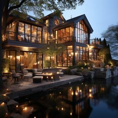 a large house with lots of windows and lights on it's front porch next to a pond