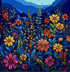 a painting of colorful flowers and mountains in the night sky with stars above them, on a blue background