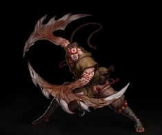 an animated image of a demon with horns and blood on his face, running through the air