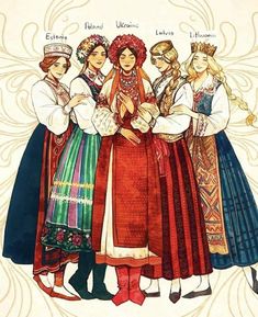 an illustration of four women dressed in traditional clothing, one wearing a hat and the other holding hands together