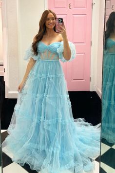 Light Blue A-Line Formal Dress with Balloon Sleeves Applique Prom Dress, Off The Shoulder Prom Dress, Two Piece Formal Dresses, Prom Dress With Short Sleeves, Tulle Applique, Sheer Corset, Long Prom Gowns, Prom Dresses For Sale, Dress With Short Sleeves