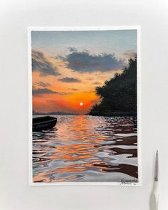 a painting of a sunset on the water