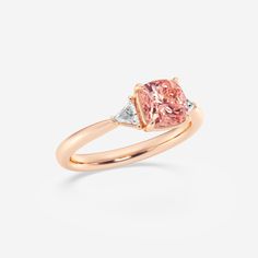 1 3/4 ctw Cushion Lab Grown Diamond Fancy Pink With Trillion Three-Stone Engagement Ring 14K Rose Gold Elegant Gia Certified Rose Gold Diamond Ring, Rose Gold Diamond Rings With Trillion Cut, Gia Certified Rose Gold Diamond Ring, Rose Gold Cushion Cut Ring With Accent Stones, Elegant Rose Gold Trillion Cut Ring, Rose Gold Rings With Asscher Cut And Accent Stones, Gia Certified Moissanite Diamond Ring In Rose Gold, Gia Certified Rose Gold Round Cut Diamond Ring, Rose Gold Diamond Three-stone Rings