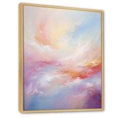 an abstract painting with pink, blue and yellow colors on the canvas framed in wood frame