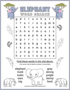 an elephant word search is shown in this printable worksheet for children to learn