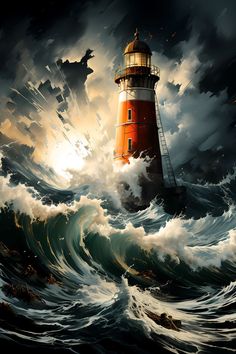 a painting of a lighthouse in the middle of a storm with waves crashing around it