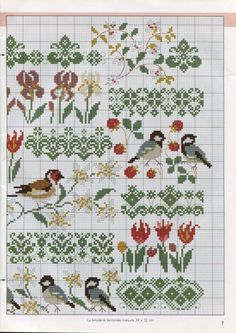 a cross stitch pattern with birds and flowers