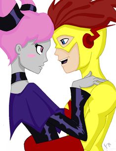 three cartoon characters with different colored hair and makeup, one in black and the other in pink