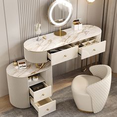 a white vanity with marble top and gold trim around the drawers, mirror and stool