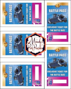 four tickets for the battle pass are shown in three different colors and font options, each with an image of a battleship