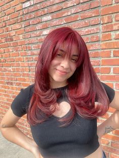 #redhair #layers #shorthair #blowout #redhaircolor #haircolorideas #layeredhair #2024glowup #wispybangs Burgundy Hair Blowout, Dark Red Hair With Layers, Dark Red Hair Layers, Red Hair Colour, Cherry Red Hair With Layers, Deep Red Layered Hair