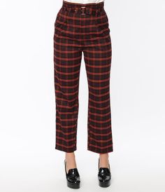 These chic pair of 1950s style woven pants are designed to make a statement wherever you go. Featuring an eye-catching black and orange windowpane pattern, they effortlessly blend boldness and sophistication. With a convenient front zipper and side pockets, you'll have easy access to essentials while keeping your style on point. And included is a matching belt so that you can achieve the perfect fit and add an extra touch of flair to your ensemble.Available in sizes XS-4X while supplies last. Windowpane Pants, 1950s Style, Black And Orange, 1950s Fashion, Black Orange, Orange Black, Easy Access, Unique Vintage, Front Zipper