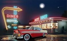 an old car is parked in front of a diner at night with the moon above it