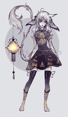 a drawing of a girl with long white hair and black boots, holding a lantern