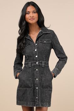 Become famous for creating ultra-trendy 'fits all season long with the Lulus Notoriously Cool Washed Black Long Sleeve Denim Mini Dress! Sturdy cotton denim, in a chic washed black hue, shapes this too-cute dress that features a collared neckline and long sleeves with button cuffs. Twin patch pockets accent the fitted bodice and frame a functional button placket that continues past the banded waist (with belt loops) and down the A-line mini skirt. Additional back patch pockets and pork chop-styl Trendy Fits, Dress Denim, Pork Chop, A Line Mini Skirt, Denim Mini Dress, Denim Mini, Dress 100, Large Size Dresses, Fitted Bodice