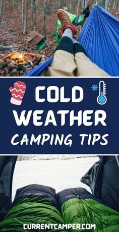 a person laying in a tent with the words cold weather camping tips on top of it