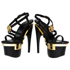 100% Leather Heel 6 Inches; Platform 4 Inches Gold Medusa On Front Multiple Straps Made In Italy Versace Triple Platform Black Gold Medusa Swarovski Crystals Sandals Heels Bling. Size 38.5 I Wore These Literally A Handful Of Times. They Are Perfect. Fit Like A Size Usa 8. Comes With Original Box Iconic And So Rare. Also Have Matching Booties On Other Listing Like The Item But Not The Price? Offers Are Always Accepted! Feel Free To Send An Offer Bundle 2+ Items & You Will Get Sent A Discounted Offer & You Will Save $ On Shipping Poshmark Ambassador Closet In Top Rated Seller Versace Sandals, Fashion Elements, Leather Strap Sandals, Strappy Leather Sandals, Strappy Platform Sandals, Black Platform Sandals, Versace Gold, Versace Shoes, Crystal Sandals