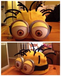 two pictures of a yellow and black stuffed toy with eyes, one in the shape of a minion