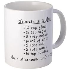 a white coffee mug with instructions for brownie in a mug written on the side