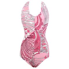 Add a dose of Emilio Pucci's 1960s signature jet set glamour to your beachwear or vintage fashion collection. This fabulous and rare one-piece vintage swimsuit is splashed with Pucci's iconic African inspired "Mombasa" print in shades of pink, white and black. The halter neck design with a low open back has been crafted in Italy from spandex mesh lycra that has elastic at the neck and leg holes. It is signed throughout "Emilio", partially lined at crotch and closes with a pink-hued button at the Pucci Swimwear, Pucci 1960s, Fun One Piece Swimsuit, Town Design, Pucci Vintage, Flare Maxi Skirt, Romper Swimsuit, Halter Neck Swimsuit, Vintage Swimsuit