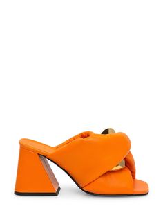 Orange sandal with heel. Twist mask with chain detail.Composition: Outside:, 100% Leather Lining:, 100% Leather Sole:, 100% Leather Orange Sandals, J W Anderson, Jw Anderson, Sneaker Wedge, High End Fashion, Leather Design, Manolo Blahnik, Black Sandals