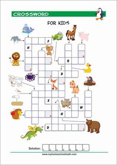 the crossword for kids with animals and letters on it, including an animal theme