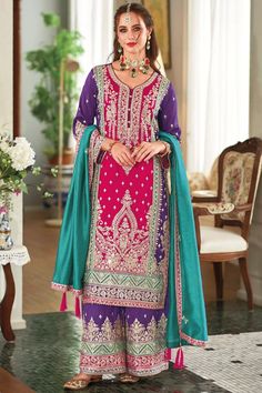 Buy Heavy Embroidered Color Block Traditional Suit at PinkPhulkari Traditional Suit, Palazzo Suit, Plus Size Suits, Readymade Saree, Anarkali Gown, Pink Mirror, Party Kleidung, Pakistani Suits, Indian Attire