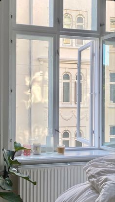 a bed sitting in front of a window next to a white radiator and potted plant