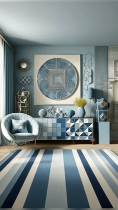 a living room with blue and white striped rugs on the floor in front of a painting