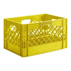 a yellow plastic crate on a white background